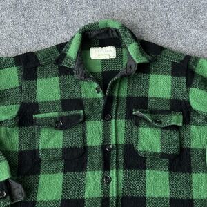 Melton Jacket mens Large Green Black Buffalo Plaid Wool Shacket USA Made Vintage